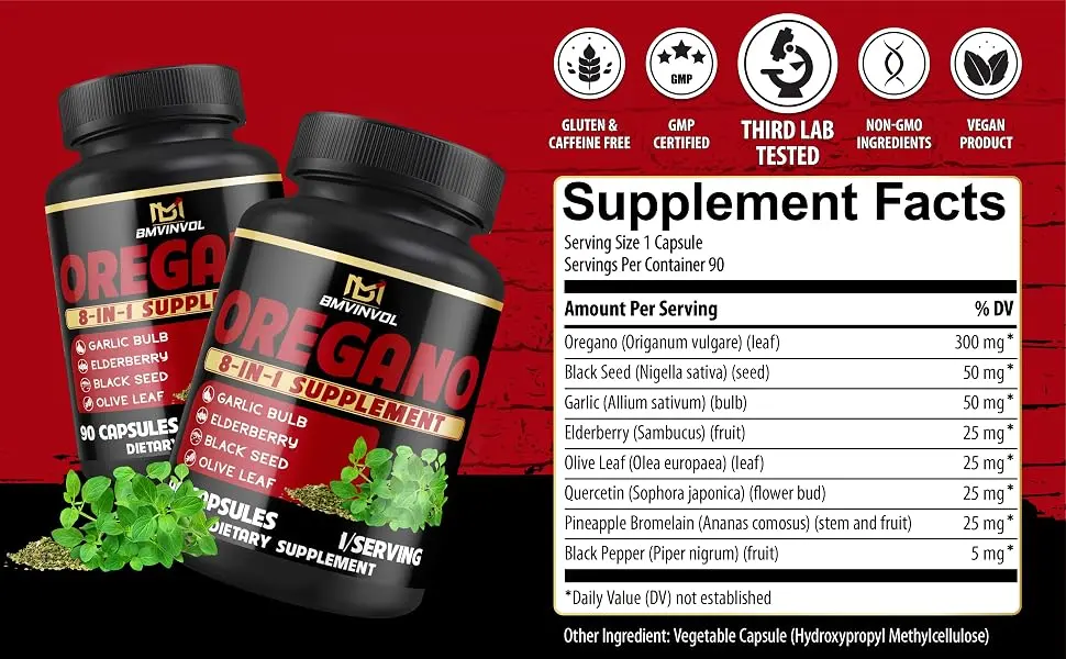 BMVINVOL Oregano Supplement | Black Seed Garlic Elderberry Olive Leaf Quercetin Bromelain Black Pepper - 8in1 Immune & Digestive Support 90 Capsules 3-Month Supply  - B0F1Z68MLM