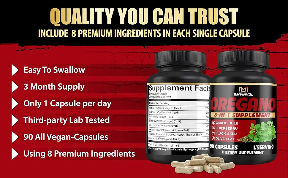 BMVINVOL Oregano Supplement | Black Seed Garlic Elderberry Olive Leaf Quercetin Bromelain Black Pepper - 8in1 Immune & Digestive Support 90 Capsules 3-Month Supply  - B0F1Z68MLM