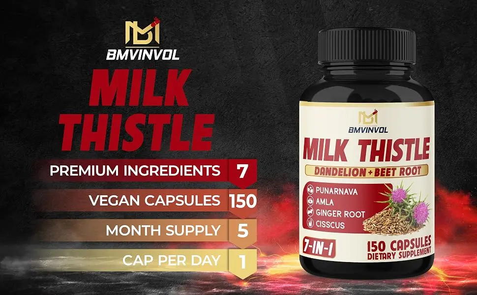 BMVINVOL Milk Thistle Capsules with Beet Root Punarnava Amla Ginger Dandelion Cissus - 150 Count - 5 Month Supply - B091MTWV3R