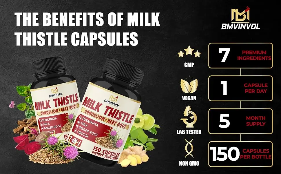BMVINVOL Milk Thistle Capsules with Beet Root Punarnava Amla Ginger Dandelion Cissus - 150 Count - 5 Month Supply - B091MTWV3R
