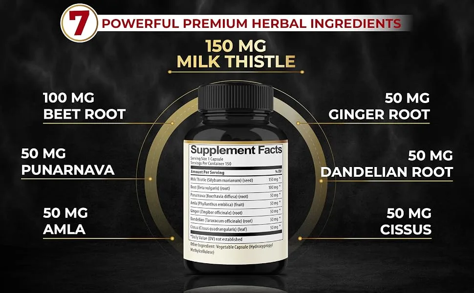 BMVINVOL Milk Thistle Capsules with Beet Root Punarnava Amla Ginger Dandelion Cissus - 150 Count - 5 Month Supply - B091MTWV3R