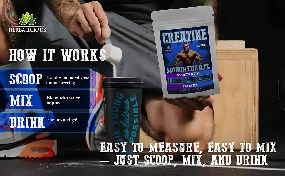 HERBALICIOUS Creatine Monohydrate Micronized Powder 5g per Serving for Strength Power and Performance Unflavored Non-GMO Formula 100 Servings 500g - product information 3