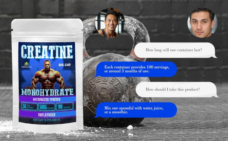 HERBALICIOUS Creatine Monohydrate Micronized Powder 5g per Serving for Strength Power and Performance Unflavored Non-GMO Formula 100 Servings 500g - product information 5