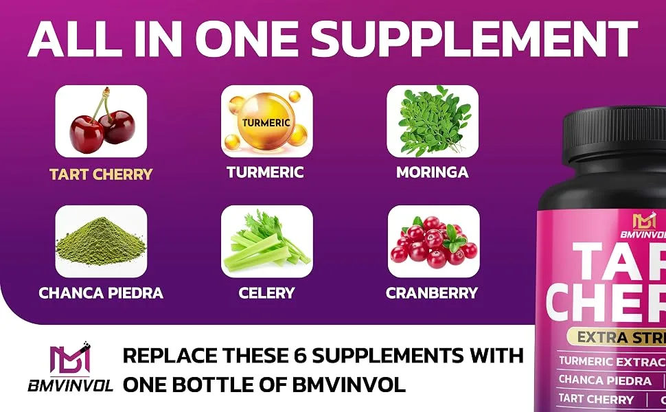 BMVINVOL Tart Cherry 20:1 Extract - Plus Moringa Chanca Piedra Celery Cranberry Extract and More - 90 Capsules - 3 Month Supply - tart cherry
