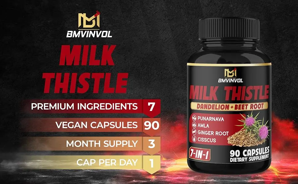 BMVINVOL Milk Thistle Capsules with Beet Root Punarnava Amla Ginger Dandelion Cissus - 90 Count - 3 Month Supply - B091M5RLRG