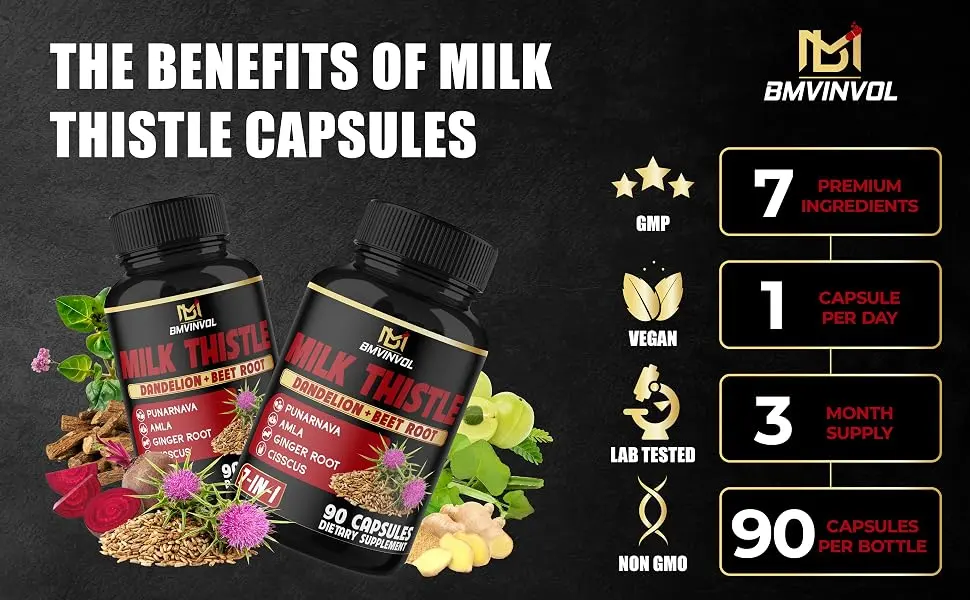 BMVINVOL Milk Thistle Capsules with Beet Root Punarnava Amla Ginger Dandelion Cissus - 90 Count - 3 Month Supply - B091M5RLRG