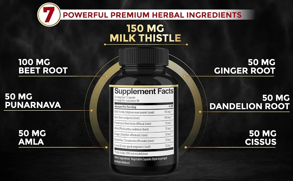 BMVINVOL Milk Thistle Capsules with Beet Root Punarnava Amla Ginger Dandelion Cissus - 90 Count - 3 Month Supply - Milk Thisle capsules