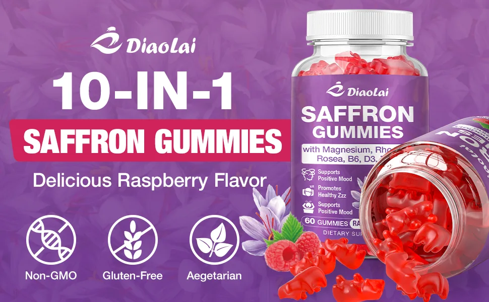 DIAOLAI Max Strength Saffron Gummies 88.5mg with Magnesium St. John's Wort & Rhodiola for Mood Support Focus - Sugar-Free 60 Count - Saffron Gummies