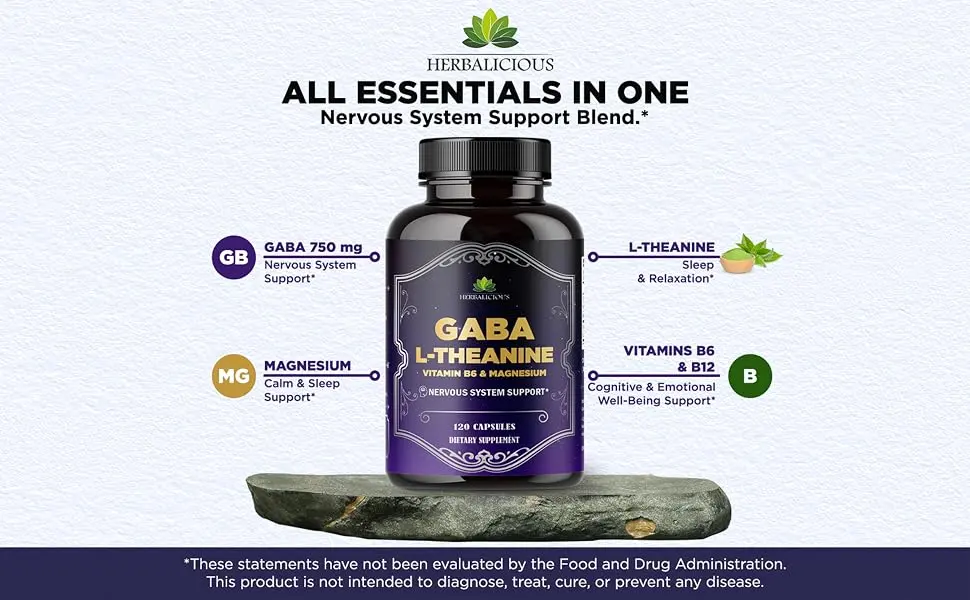 HERBALICIOUS GABA L-Theanine with Magnesium Calm & Focus Support Stress Relief Relaxation + Mood Balance Brain & Memory Support Supplement Vitamin B6 + B12 Complex 120 Capsules - GABA