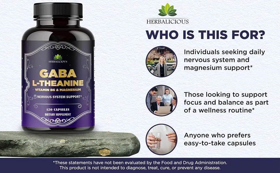 HERBALICIOUS GABA L-Theanine with Magnesium Calm & Focus Support Stress Relief Relaxation + Mood Balance Brain & Memory Support Supplement Vitamin B6 + B12 Complex 120 Capsules - GABA
