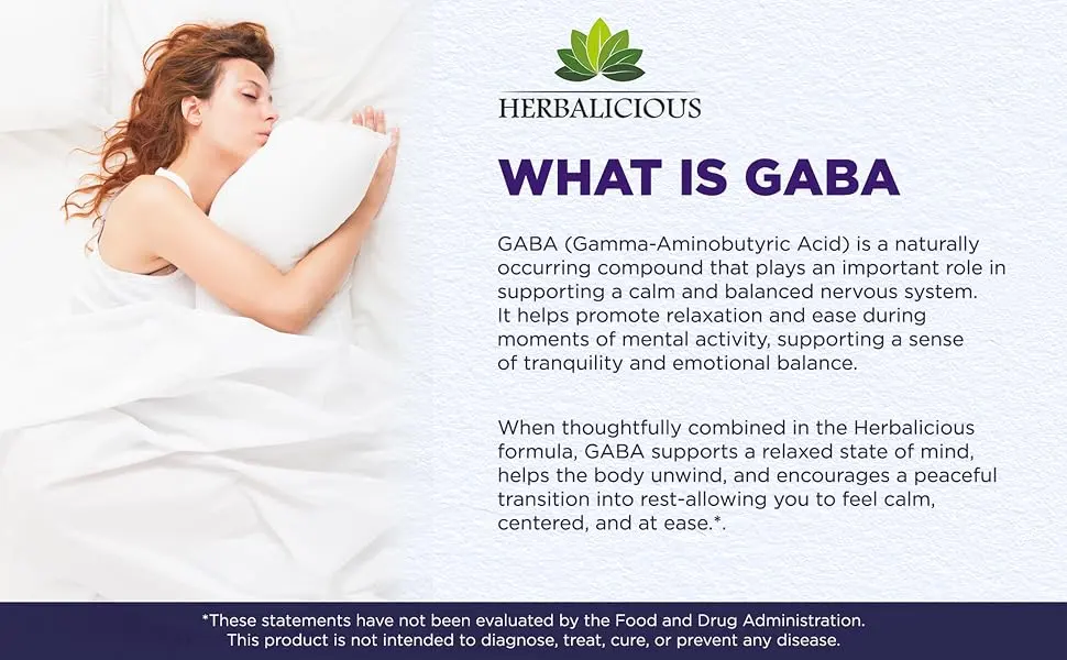 HERBALICIOUS GABA L-Theanine with Magnesium Calm & Focus Support Stress Relief Relaxation + Mood Balance Brain & Memory Support Supplement Vitamin B6 + B12 Complex 120 Capsules - GABA