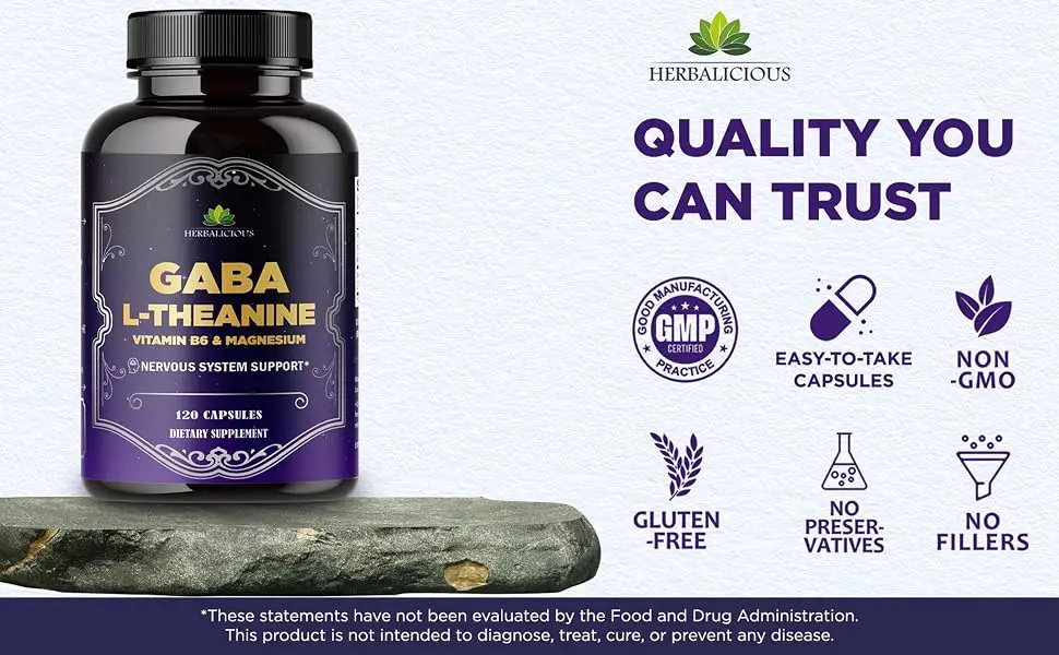 HERBALICIOUS GABA L-Theanine with Magnesium Calm & Focus Support Stress Relief Relaxation + Mood Balance Brain & Memory Support Supplement Vitamin B6 + B12 Complex 120 Capsules - GABA