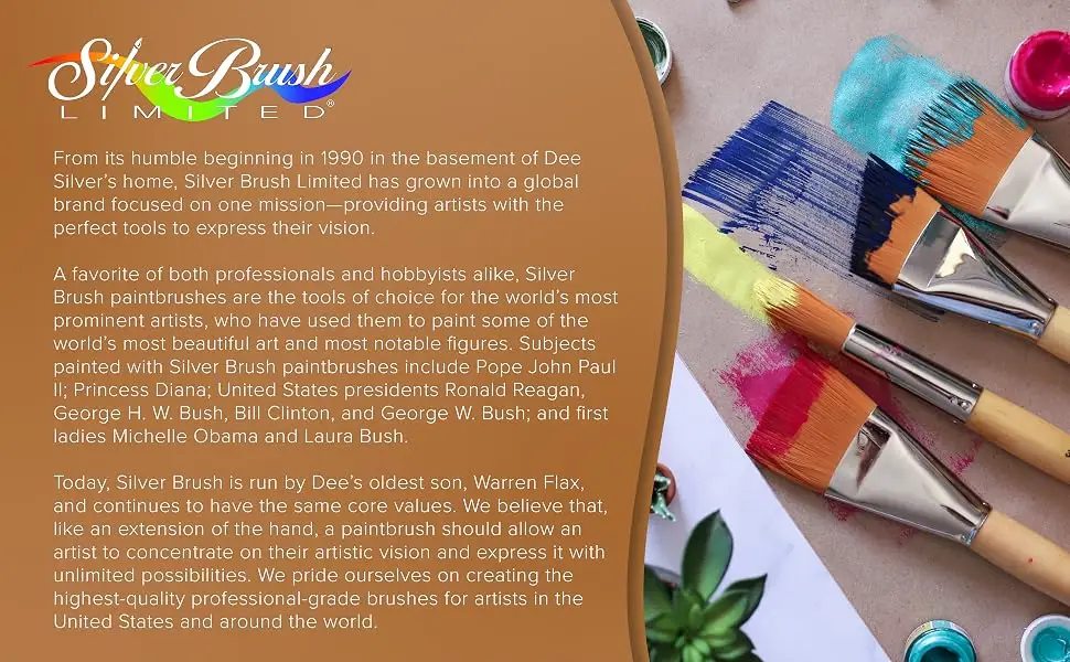 Silver Brush Limited 8036MD Silver Jumbo Landscape Oval Brush  Large Murals  Easel Painters and Furniture  Size Medium  Short Handle - Four paintbrushes with colorful paint on their bristles. Text reads: