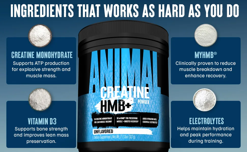Animal Creatine HMB Powder 3g myHMB + 5g Creatine with Electrolytes for Recovery & Daily Energy Unflavored 30 Servings - pt04