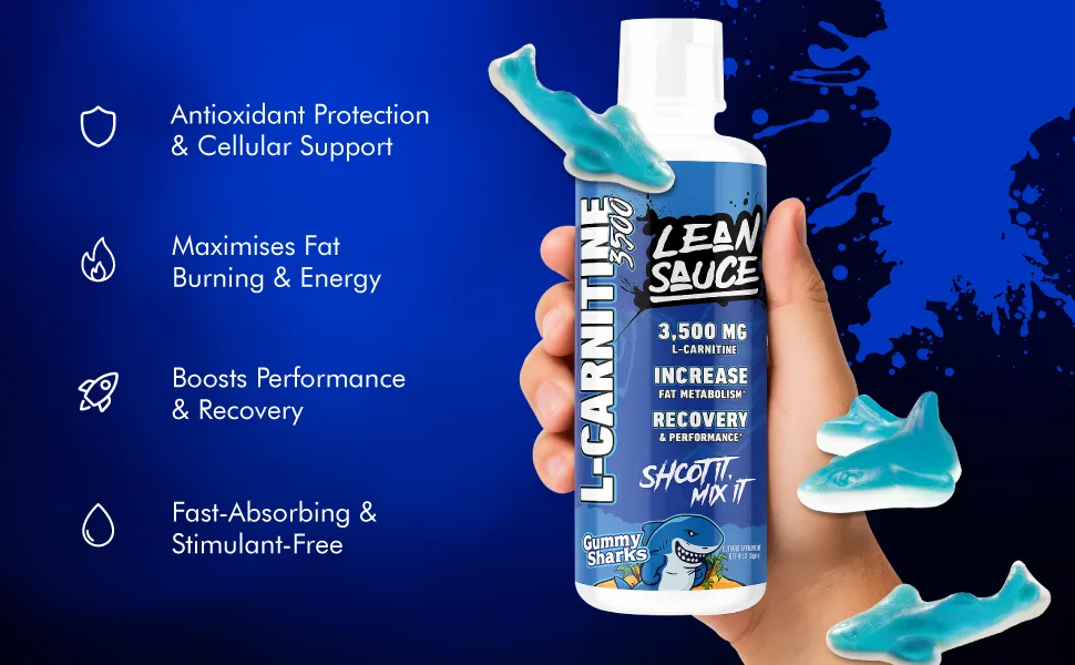 Lean Sauce Liquid L-Carnitine 3500 - Pre Workout Formula Stimulant Free for Optimal Absorption Energy & Muscle Support - 15% More (3500 vs 3000) Gummy Sharks - bullets points
