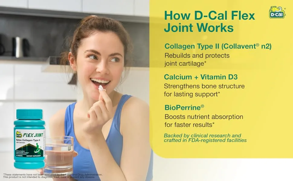 D-Cal Flex Joint | Native Collagen Type II with Calcium & BioPerine | Supports Flexibility Cartilage & Bone Health | Joint Support Supplement for Mobility & Strength | 72 Tablets Made in USA - 3rd image