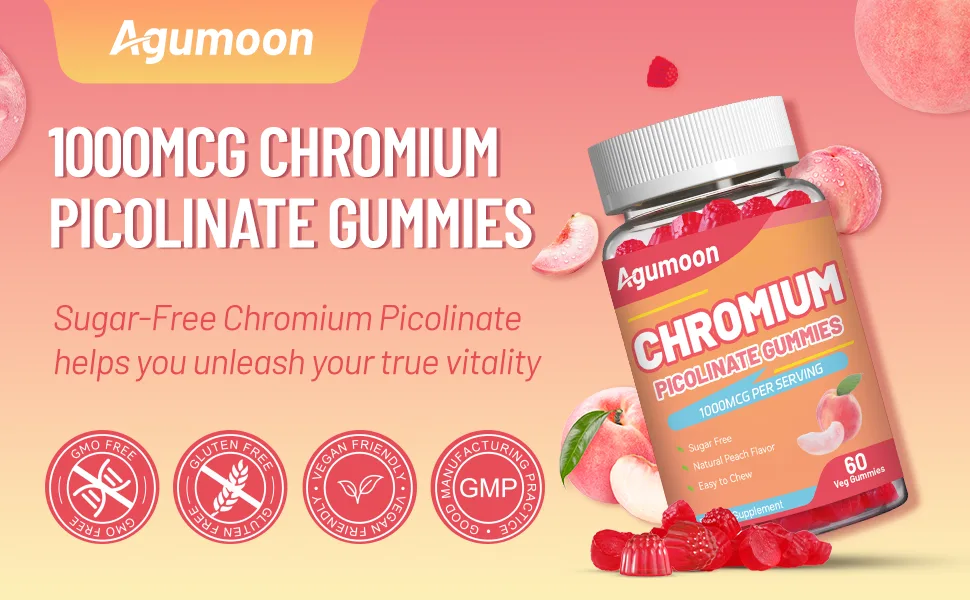 2 Pack Chromium Picolinate Gummies 1000 mcg Vegan Gluten-Free Peach Flavor 120 Vegan Gummies - chromium picolinate 1000mcg