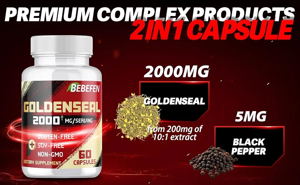 BEBEFEN Goldenseal Root Capsules 2000mg | Traditional Herb Supplement | Concentrated Extract | Vegetarian Non-GMO - goldenseal supplement