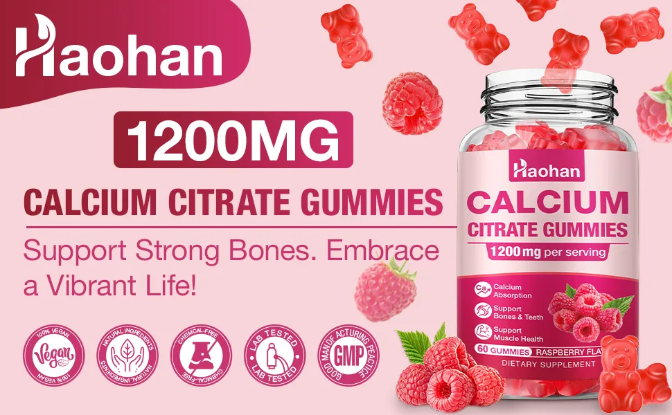 Calcium Citrate Gummies 1200mg - Sugar-Free Chewable Supplement for Women & Men with Bone Muscle & Immune Support - Raspberry Flavor 120 Count - Calcium Citrate Gummies