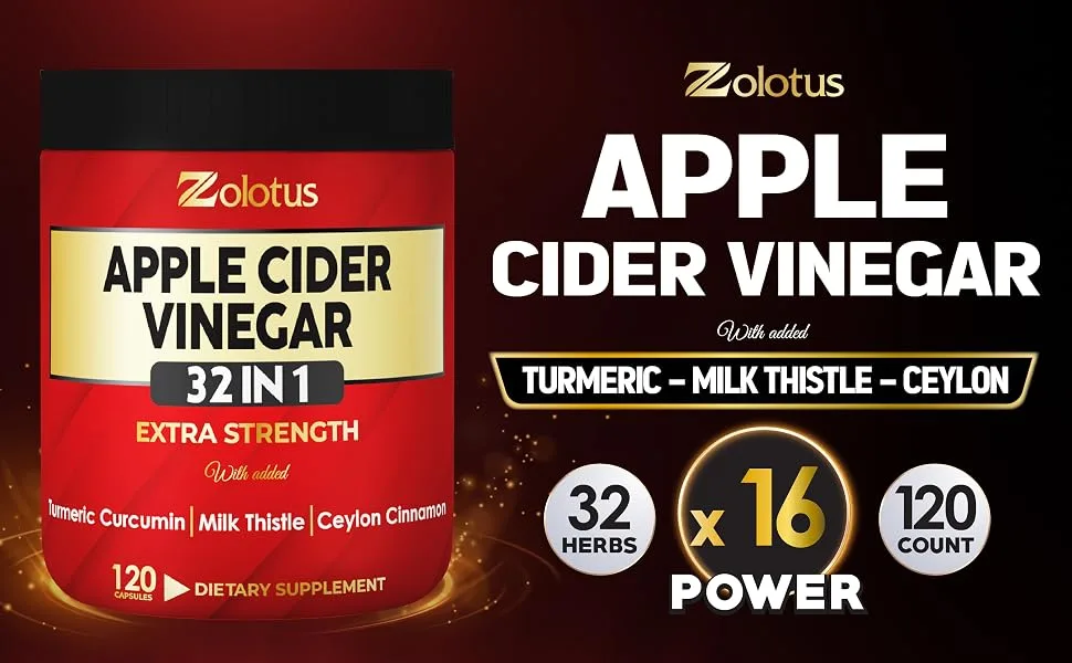 Zolotus 32 in 1 Apple Cider Vinegar Capsules with Turmeric Cinnamon Milk Thistle Elderberry Quercetin for Support Digestion Immune 120 Capsules - Apple Cider Vinegar