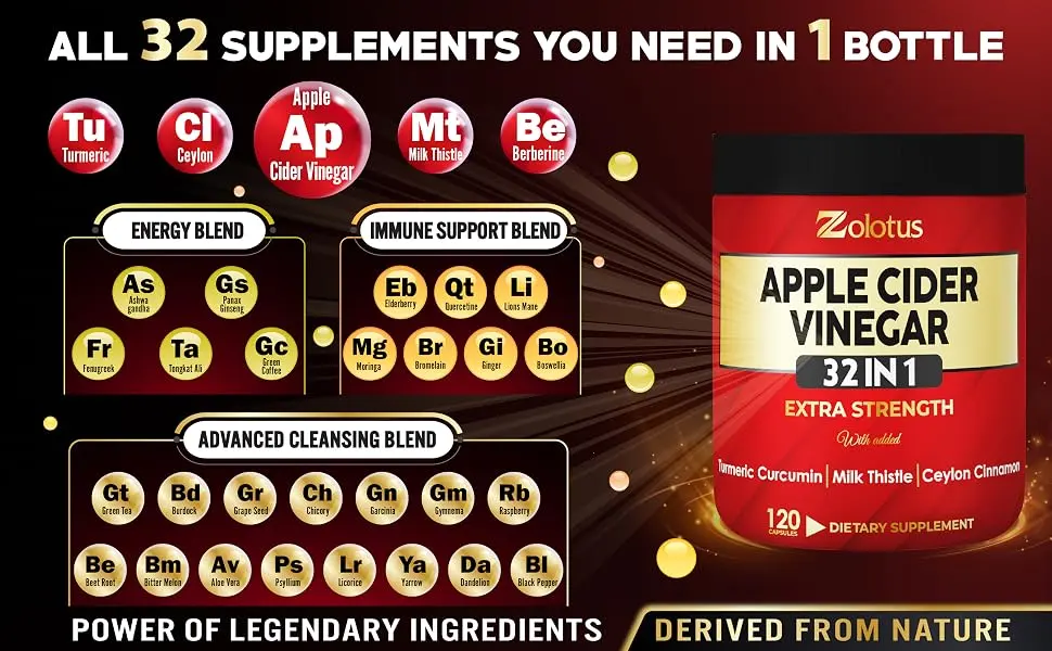 Zolotus 32 in 1 Apple Cider Vinegar Capsules with Turmeric Cinnamon Milk Thistle Elderberry Quercetin for Support Digestion Immune 120 Capsules - Apple Cider Vinegar