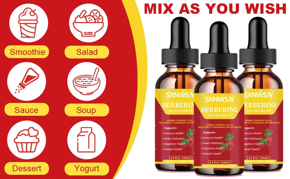 SXNWSN Berberine Drops - 10-in-1 Herbal Complex with Milk Thistle Ceylon Cinnamon & Bitter Melon | 4.2Fl Oz Liquid Supplement for Immune Heart & Digestive Support  - MIX AS YOU WISH