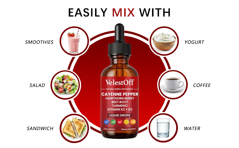 Velestoff Cayenne Pepper Drops Cayenne Circulation Blend with Hawthorn Beet Root Turmeric Vitamin K2 D3 - Vegan Non-GMO - 2FL.OZ (1 PCS) - VelestOff