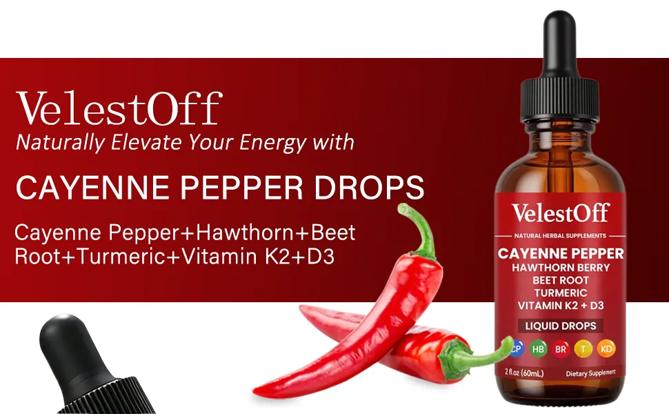 Velestoff Cayenne Pepper Drops Cayenne Circulation Blend with Hawthorn Beet Root Turmeric Vitamin K2 D3 - Vegan Non-GMO - 2FL.OZ (1 PCS) - VelestOff Cayenne Pepper Drops
