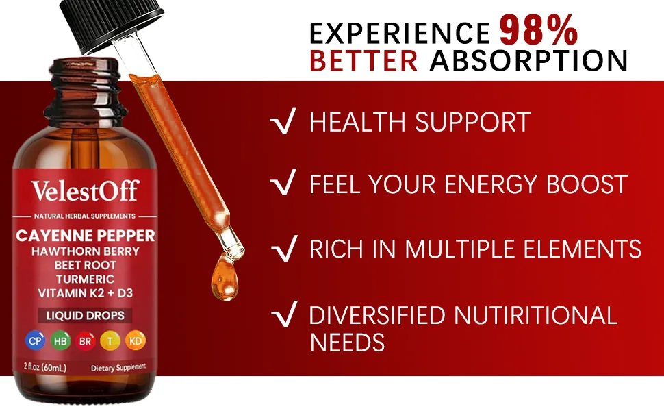 Velestoff Cayenne Pepper Drops Cayenne Circulation Blend with Hawthorn Beet Root Turmeric Vitamin K2 D3 - Vegan Non-GMO - 2FL.OZ (1 PCS) - VelestOff Cayenne Pepper Drops