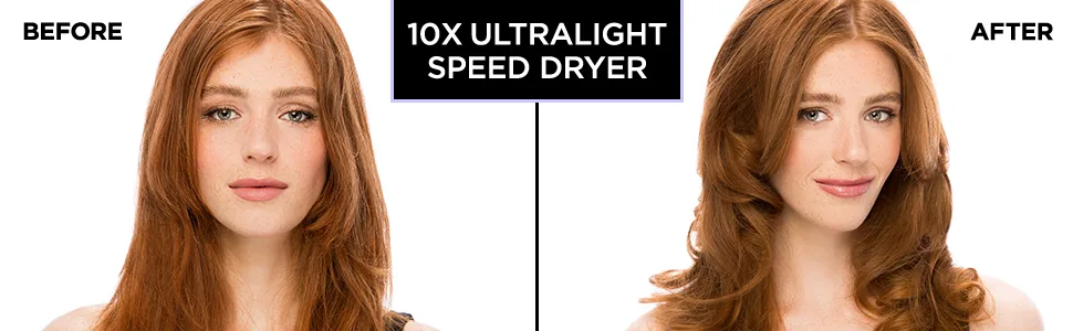 Bio Ionic 10x Pro Ultra Light Speed Dryer - Black Hair Dryer 1 Pc - before with flat hair and after with nice, curled, styled hair