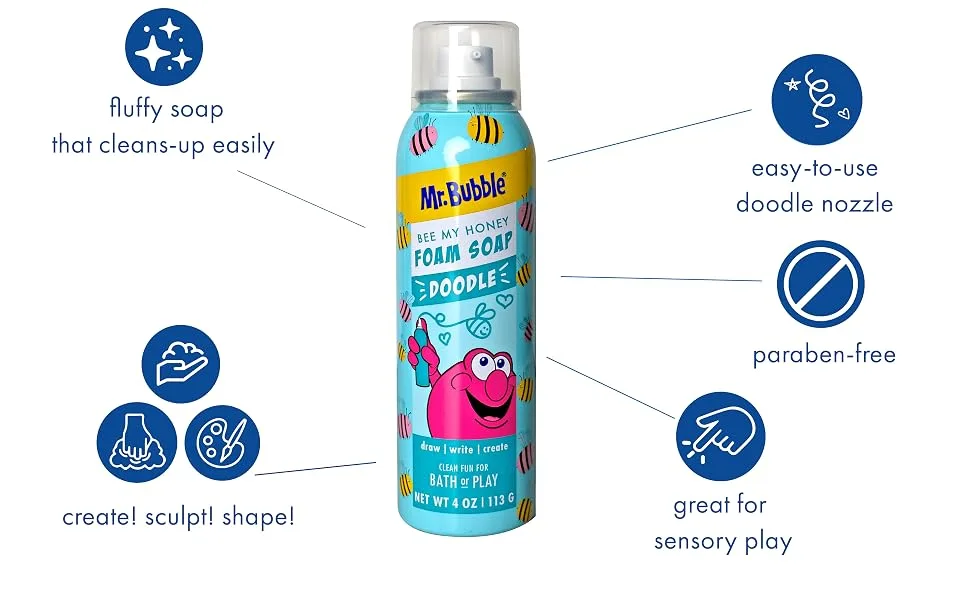 Mr. Bubble Limited Edition Foam Soap Creativity Bath Soap Cleans & Moisturizes Bee My Honey (Blueberry Honey Scent) 4 oz Pack of 4 - Bee My Honey Foam Soap