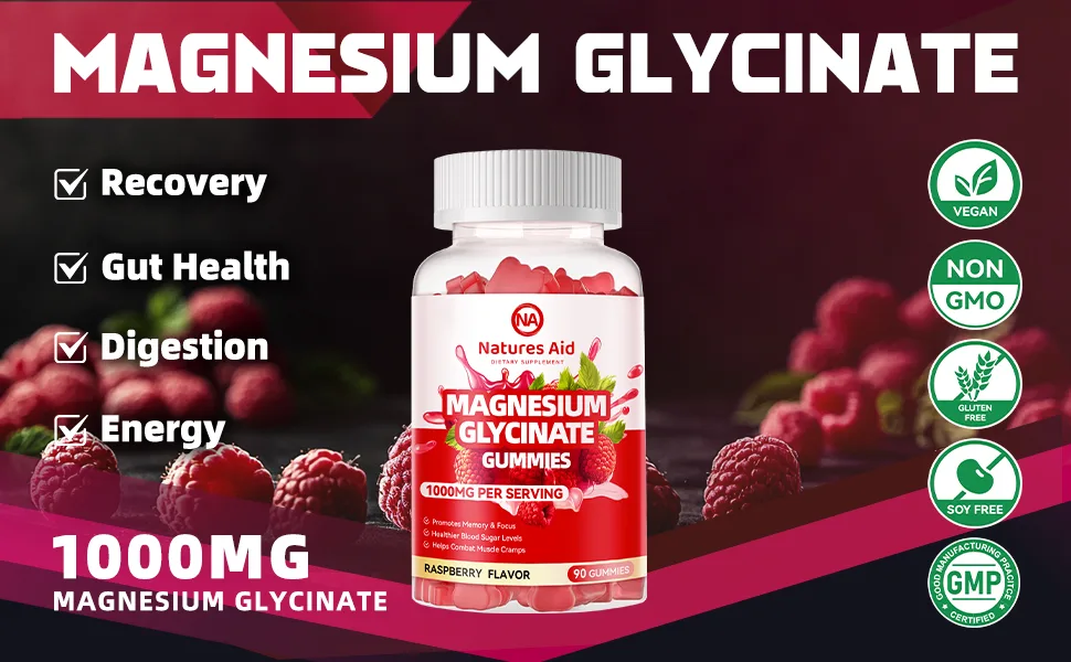 Magnesium Glycinate Gummies 1000mg - Sugar Free Magnesium Potassium Supplement with Vitamin D B6 CoQ10 for Calm Mood & Sleep Support - 90 Raspberry Gummies. Raspberry 90 Count (Pack of 1) - Magnesium Glycinate Gummies