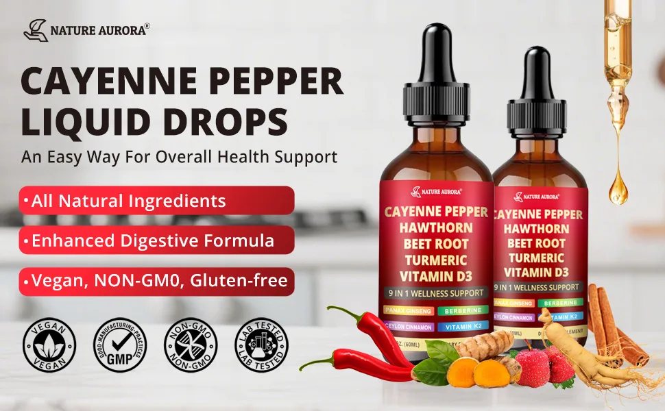 9 in1 Cayenne Pepper Liquid Drops - Cayenne Pepper Extract Drops Supplement Liquid + Hawthorn Berry Beetroot Turmeric Vitamin K2 & D3 - Digestion Immune and Circulation Support - 2 Fl Oz 2.0 oz (Pack of 1) - Cayenne Pepper Liquid Drops