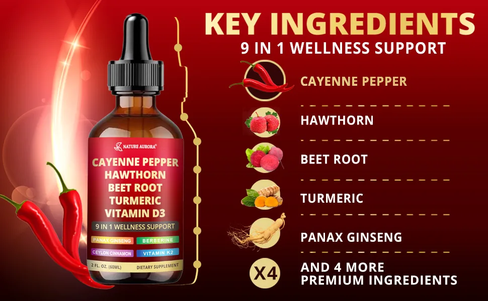 9 in1 Cayenne Pepper Liquid Drops - Cayenne Pepper Extract Drops Supplement Liquid + Hawthorn Berry Beetroot Turmeric Vitamin K2 & D3 - Digestion Immune and Circulation Support - 2 Fl Oz 2.0 oz (Pack of 1) - Cayenne Pepper Liquid Drops
