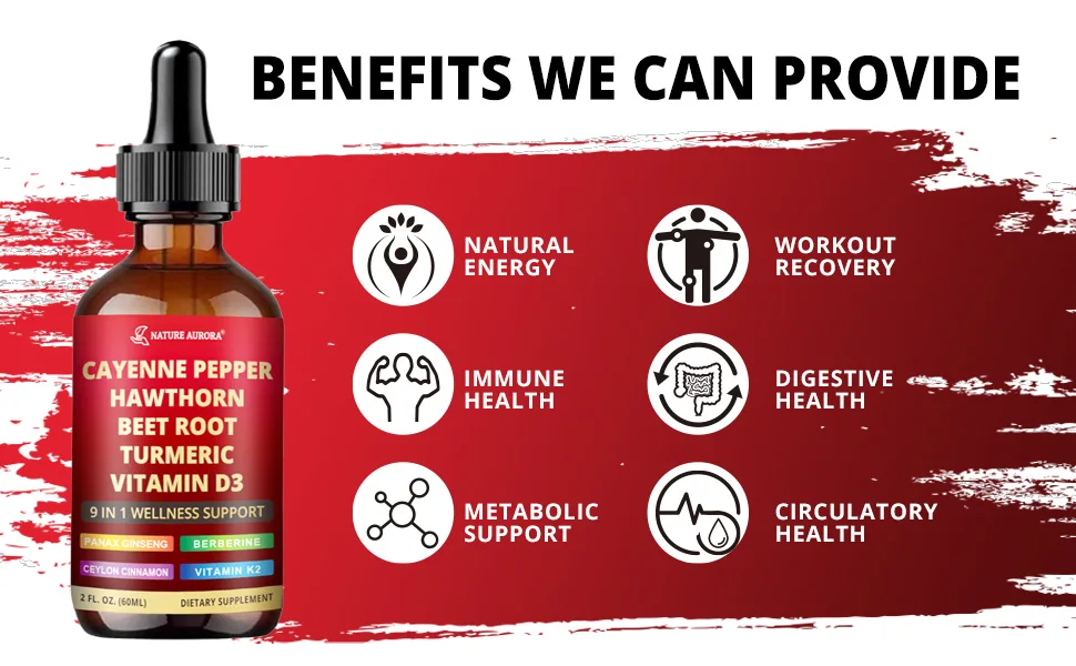 9 in1 Cayenne Pepper Liquid Drops - Cayenne Pepper Extract Drops Supplement Liquid + Hawthorn Berry Beetroot Turmeric Vitamin K2 & D3 - Digestion Immune and Circulation Support - 2 Fl Oz 2.0 oz (Pack of 1) - Cayenne Pepper Liquid Drops