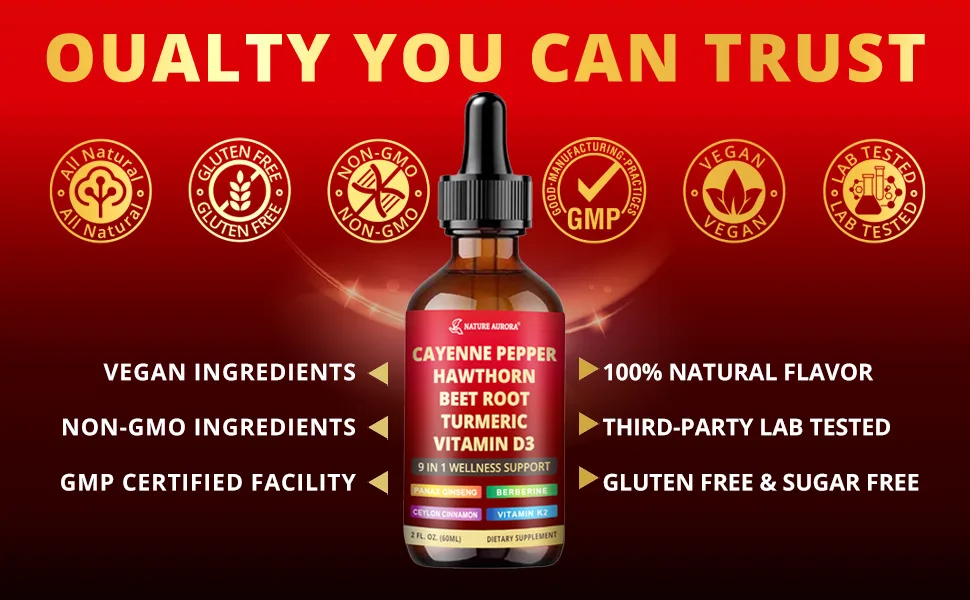 9 in1 Cayenne Pepper Liquid Drops - Cayenne Pepper Extract Drops Supplement Liquid + Hawthorn Berry Beetroot Turmeric Vitamin K2 & D3 - Digestion Immune and Circulation Support - 2 Fl Oz 2.0 oz (Pack of 1) - Cayenne Pepper Liquid Drops