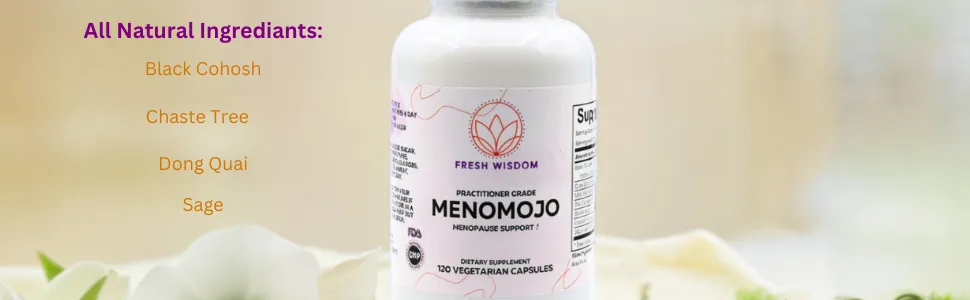 Fresh Wisdom Practitioner Grade Menomojo Menopause Support Dietary Supplement 120 Vegetarian Capsules - MenoMojo bottle with words