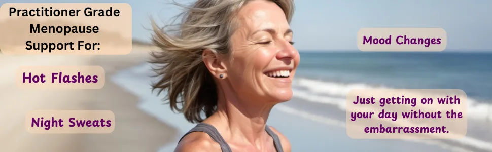 Fresh Wisdom Practitioner Grade Menomojo Menopause Support Dietary Supplement 120 Vegetarian Capsules - Woman on Beach