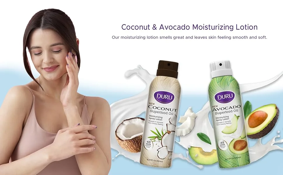 Duru Coconut Moisturizing Spray Lotion - Spray Moisturizer Coconut Oil Lotion 48 Hour Moisture Body Lotion - Avocado and Coconut Spray Lotion