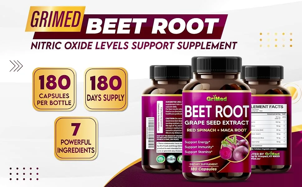 GriMed Beet Root with Grape Seed Extract Maca Root Red Spinach & Ashwagandha 180 Vegetable Capsules - Grimed Beetroot Supplement