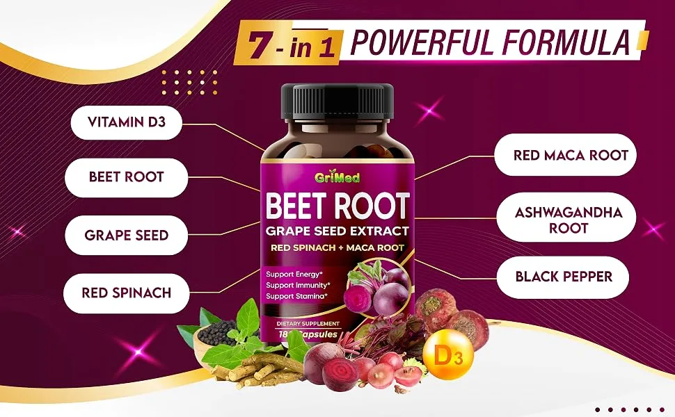 GriMed Beet Root with Grape Seed Extract Maca Root Red Spinach & Ashwagandha 180 Vegetable Capsules - Grimed Beetroot Supplement