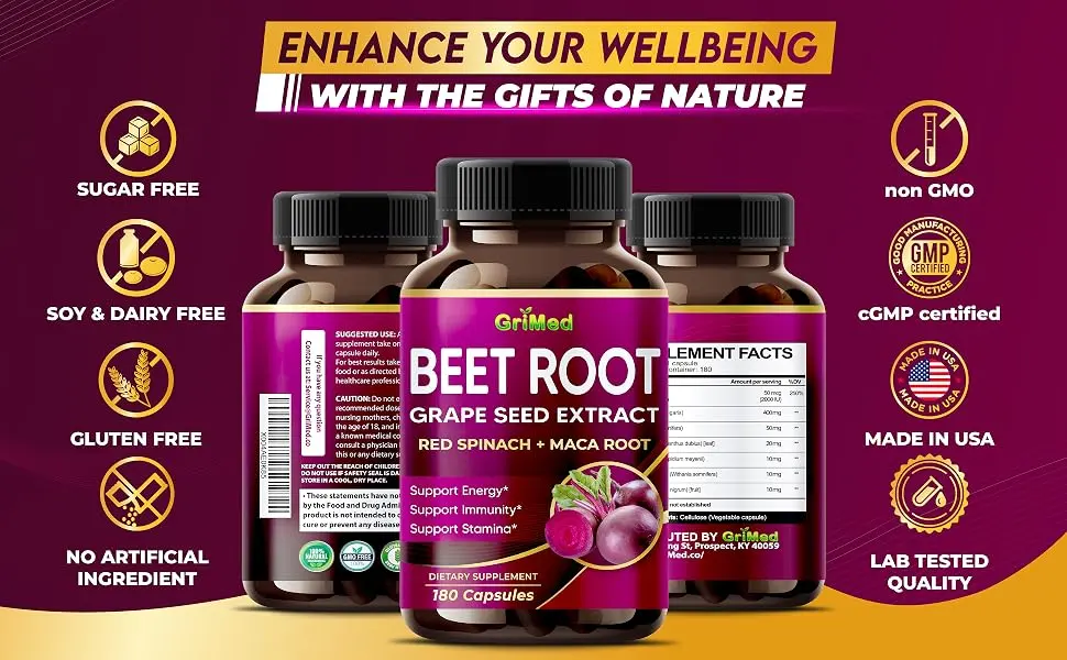 GriMed Beet Root with Grape Seed Extract Maca Root Red Spinach & Ashwagandha 180 Vegetable Capsules - Grimed Beetroot Supplement