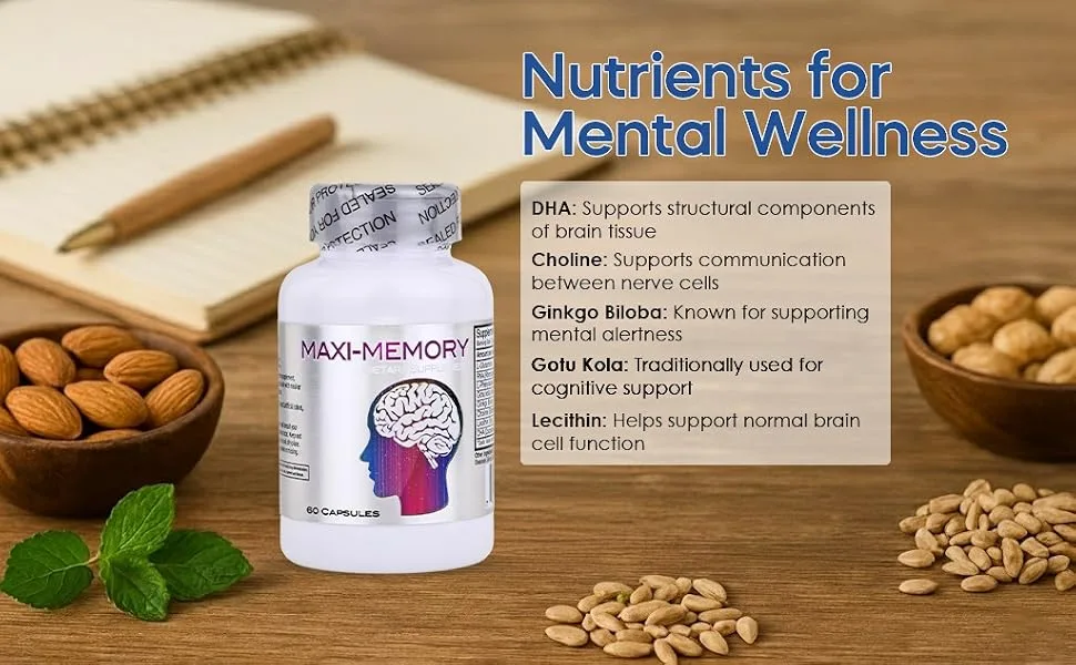 Nu-Health Maxi Memory Brain Supplement | with Ginkgo Biloba Gotu Kola Choline Lecithin Amino Acids & DHA | Supports Memory Focus Alertness & Cognitive Function | 60 Capsules - maxi memory for mental support