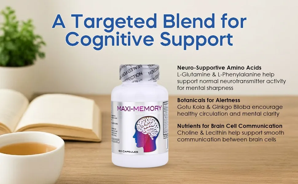 Nu-Health Maxi Memory Brain Supplement | with Ginkgo Biloba Gotu Kola Choline Lecithin Amino Acids & DHA | Supports Memory Focus Alertness & Cognitive Function | 60 Capsules - memory focus health support