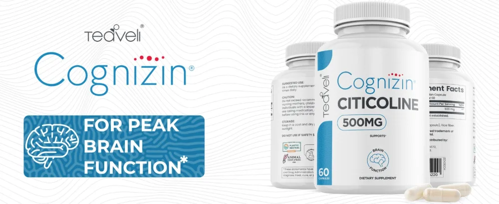 Teaveli Cognizin Citicoline- 500mg CDP Choline Capsules- Clinically Studied Brain Supplement to Support Clarity Concentration and Memory Most Bioavailable Form of Choline Supplements - 60 Servings - Cgzn60