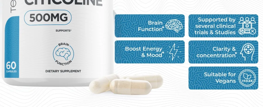 Teaveli Cognizin Citicoline- 500mg CDP Choline Capsules- Clinically Studied Brain Supplement to Support Clarity Concentration and Memory Most Bioavailable Form of Choline Supplements - 60 Servings - Cgzn60