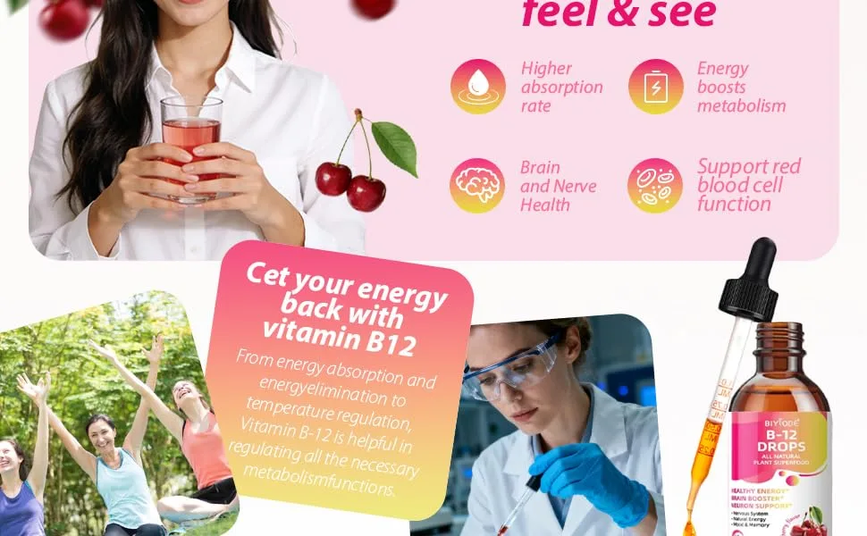 2P Cherry-Flavored Iron Drops for Women - Help Maintain Energy Boost Vitality and Immunity. Non-GMO Gluten-Free 60 ml. - vitamin b12