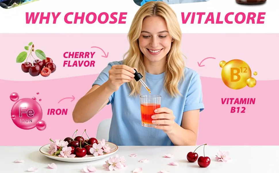 2P Cherry-Flavored Iron Drops for Women - Help Maintain Energy Boost Vitality and Immunity. Non-GMO Gluten-Free 60 ml. - why choose vitacore