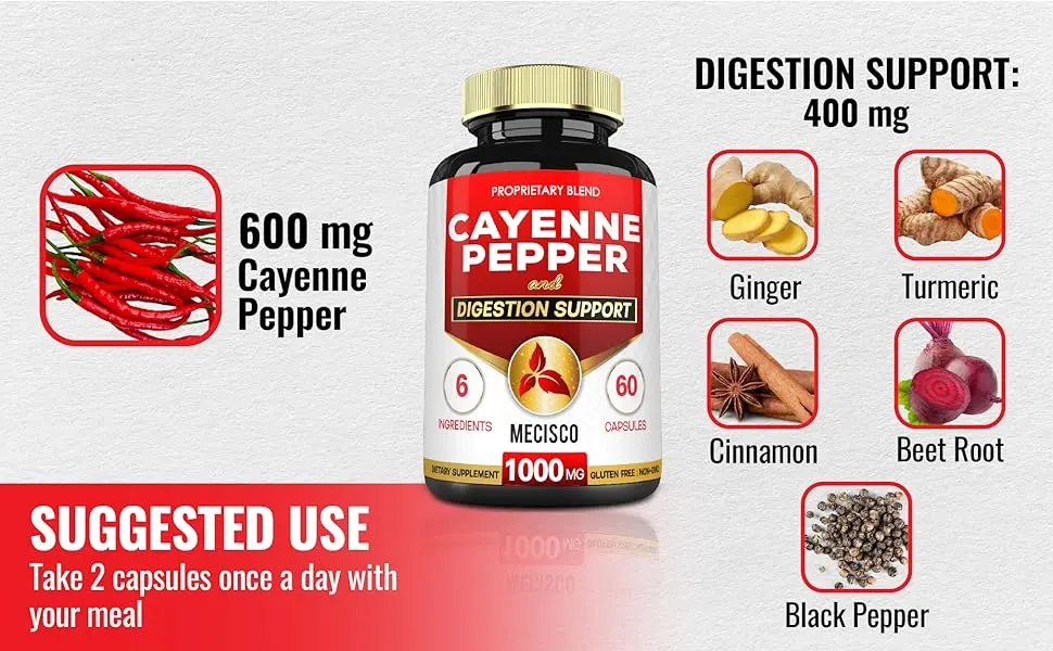 6in1 Cayenne Pepper Capsules with Ginger Root Beet Root and Black Pepper and More - 60 Capsules - Cayenne Supplement Supports Digestion System Immunity 60 Count (Pack of 1) - M100. Mec - Cayenne Pepper_60Caps_300mg