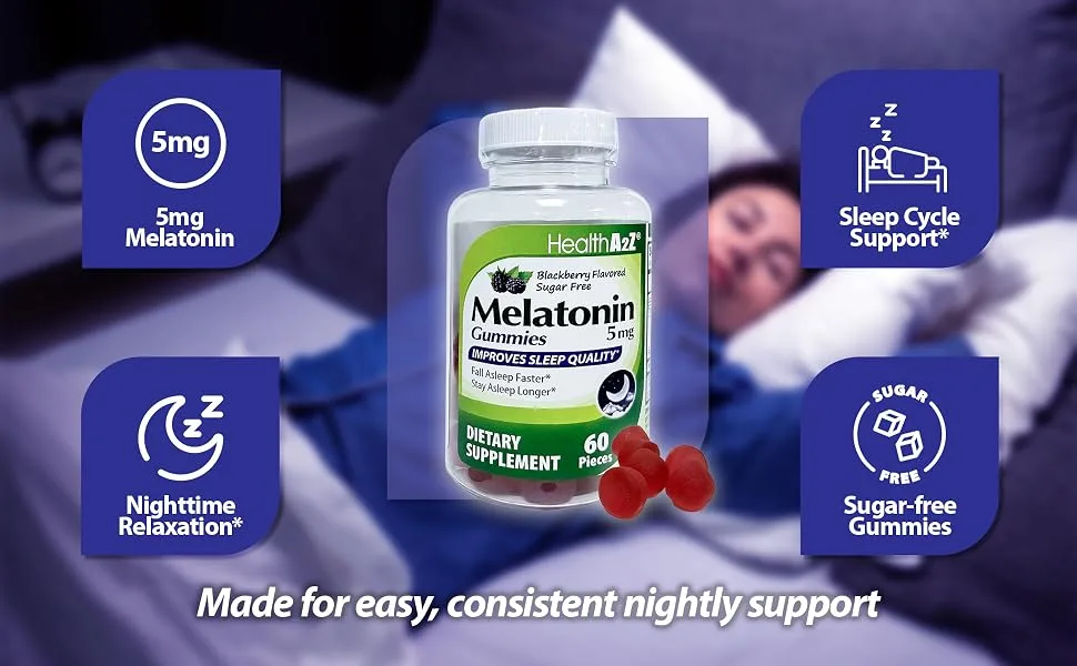 HealthA2Z Sugar-Free Melatonin Gummies| 60 Counts | 5mg | Natural Sleep Aid for Deep & Restful Sleep | BlackBerry Flavor | Sleep Aid Gummies - FP1127 Melatolin